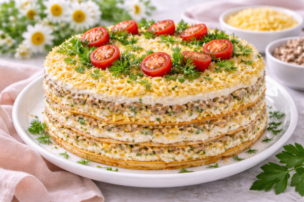 Вместо &laquo;Мимозы&raquo; у меня теперь закусочный торт: пачка теста и банка консервы &mdash; вкусно и просто